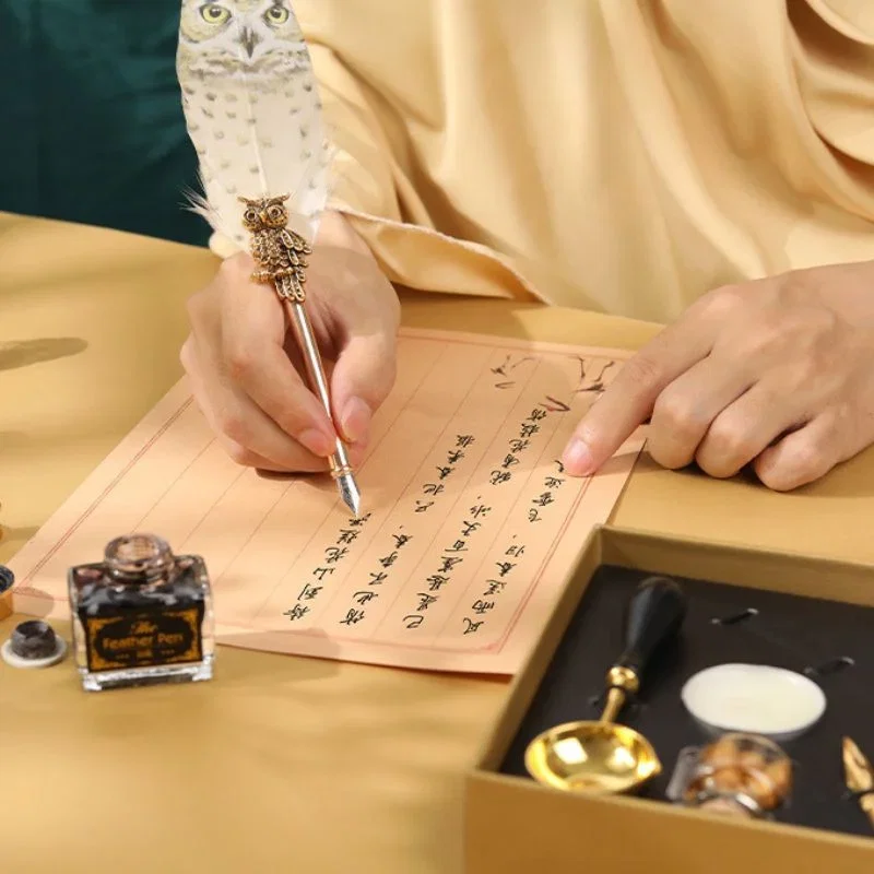 Set cadou Caligrafie cu Pana alba cu Bufnita, Cerneala si Set Sigiliu, 7 piese [2]
