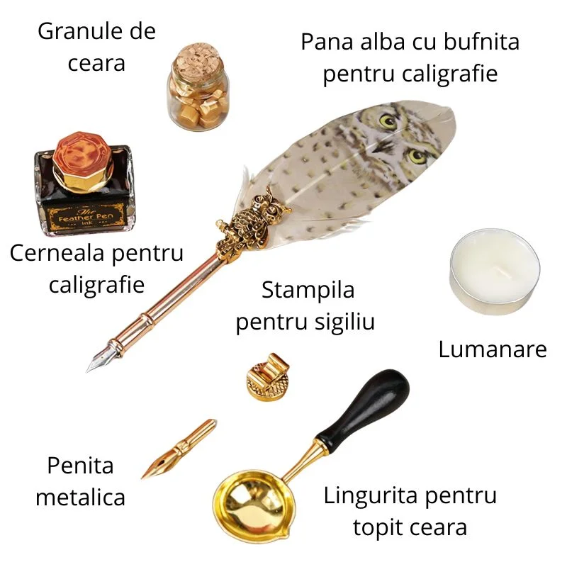 Set cadou Caligrafie cu Pana alba cu Bufnita, Cerneala si Set Sigiliu, 7 piese [10]