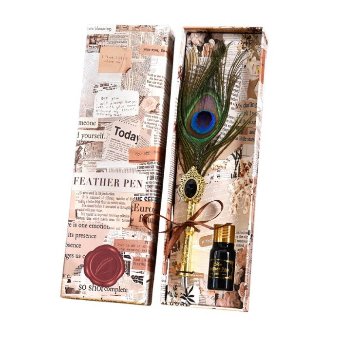 Set cadou Caligrafie cu Pana verde tip paun, Cerneala si Cutie Vintage, 3 piese [7]