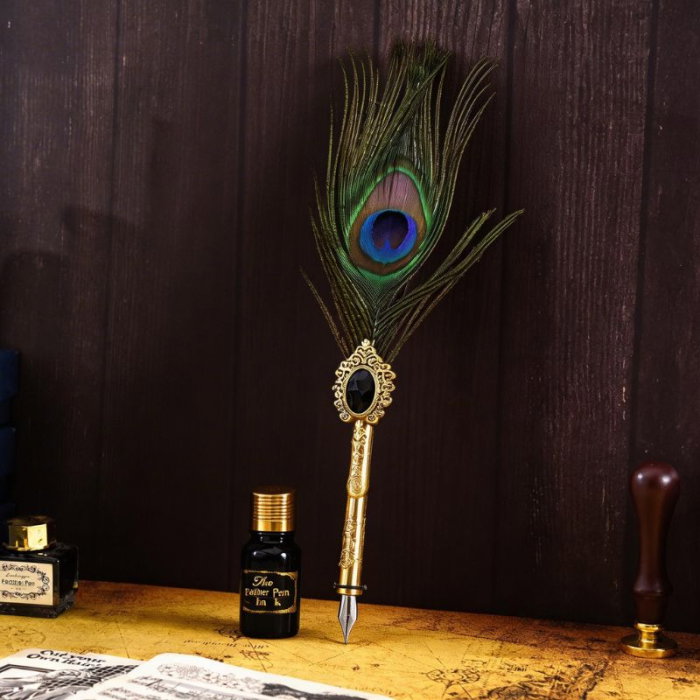 Set cadou Caligrafie cu Pana verde tip paun, Cerneala si Cutie Vintage, 3 piese [2]