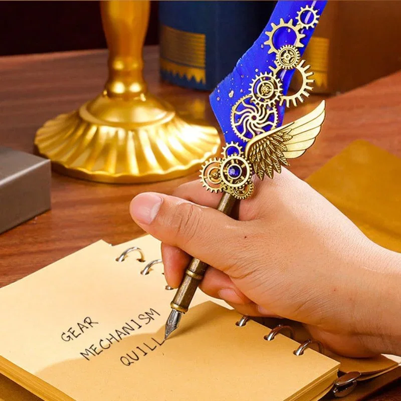 Set cadou Caligrafie Vintage cu Pana albastra, Cerneala, Jurnal si Accesorii Scris, 13 piese [3]