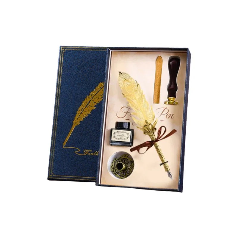 Set cadou Caligrafie Vintage cu Pana aurie, Cerneala si Stampila, 5 piese [5]