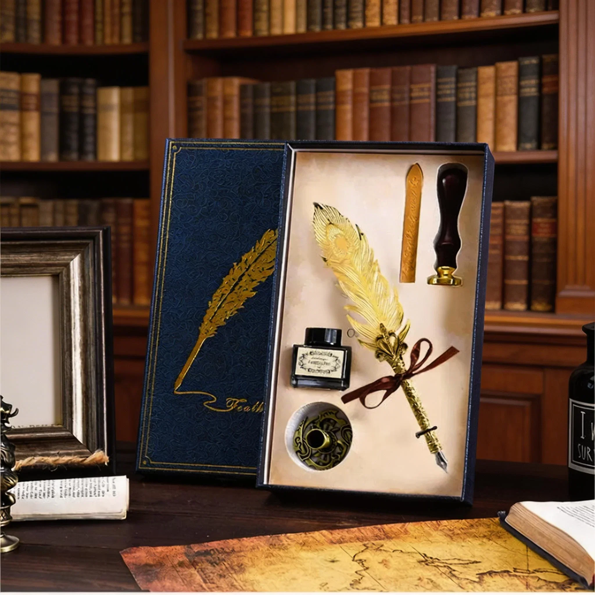 Set cadou Caligrafie Vintage cu Pana aurie, Cerneala si Stampila, 5 piese [3]