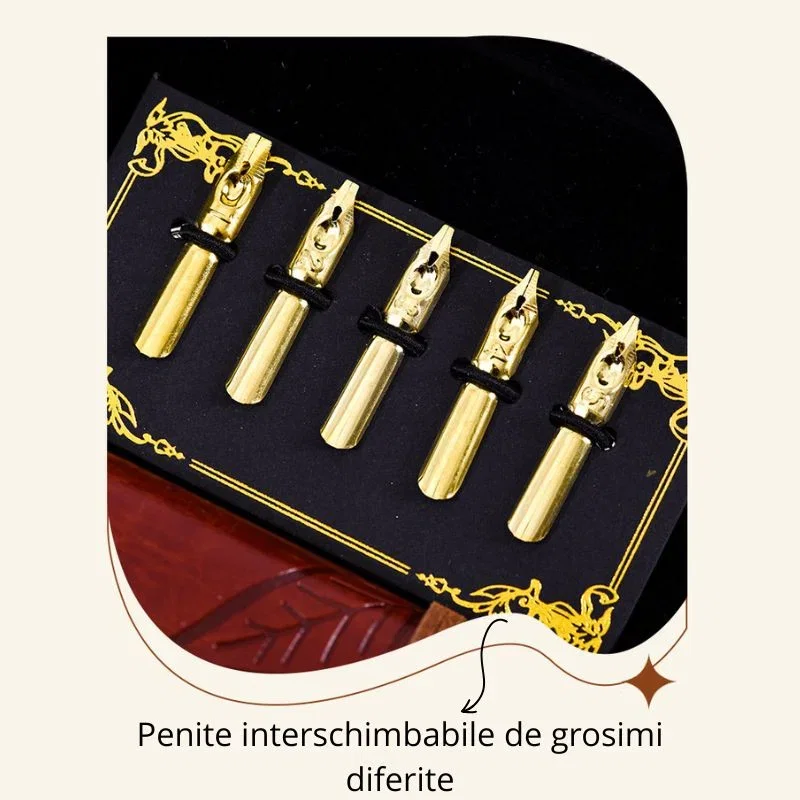 Set cadou Caligrafie Vintage cu Pana aurie, Jurnal si Suport pentru stilou, 9 piese [9]