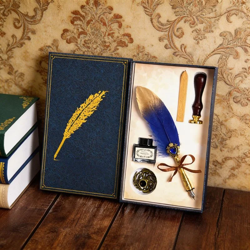 Set cadou Caligrafie Vintage cu Pana bicolora auriu albastru si Accesorii pentru Sigiliu, 5 piese [1]