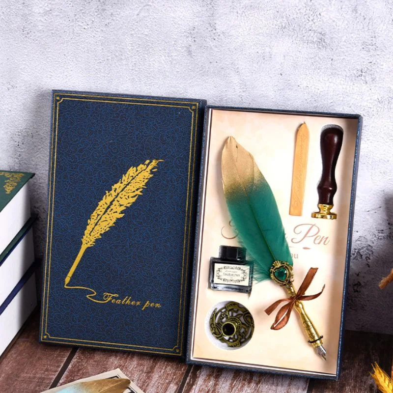 Set cadou Caligrafie Vintage cu Pana bicolora auriu verde si Accesorii pentru Sigiliu, 5 piese [4]