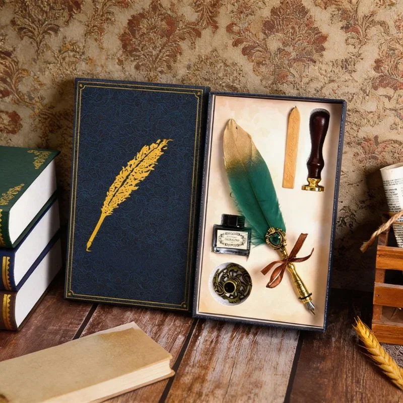 Set cadou Caligrafie Vintage cu Pana bicolora auriu verde si Accesorii pentru Sigiliu, 5 piese [1]