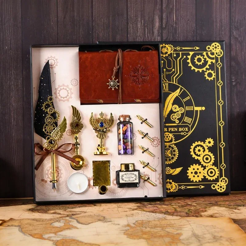 Set cadou Caligrafie Vintage cu Pana neagra, Cerneala, Jurnal si Accesorii pentru Scris, 13 piese [1]