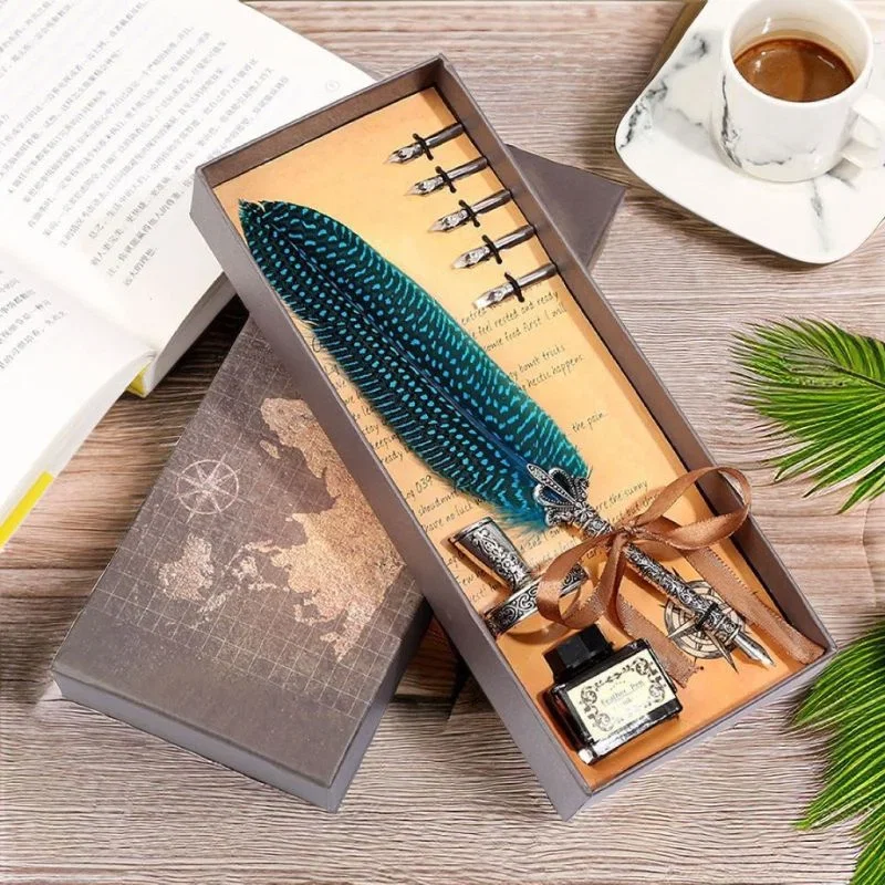 Set cadou Caligrafie Vintage cu Pana paun albastra si Cerneala si Accesorii, 7 piese [1]