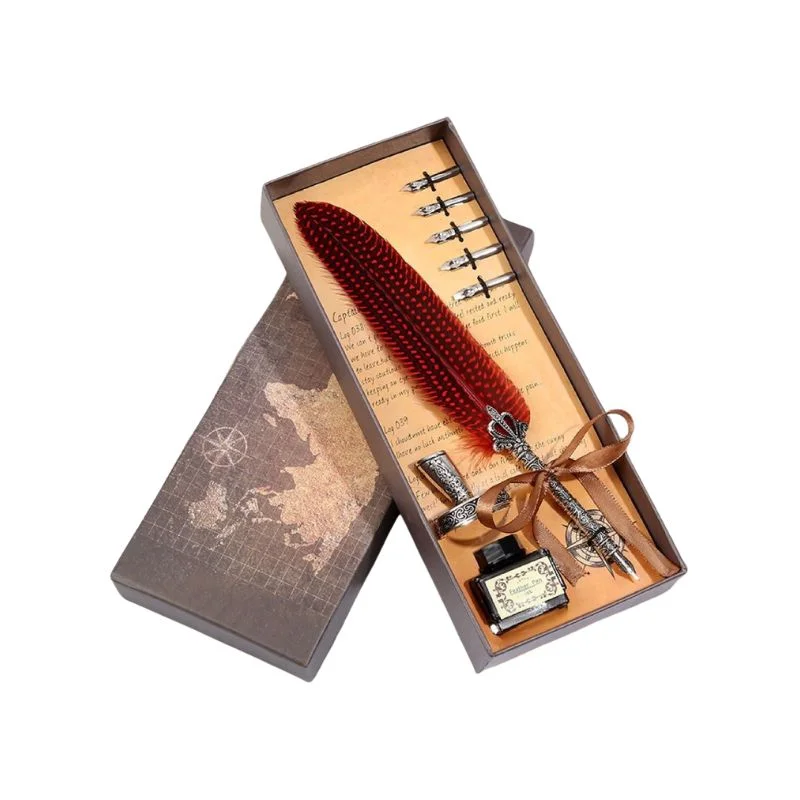 Set cadou Caligrafie Vintage cu Pana paun rosie si Cerneala si Accesorii, 7 piese [6]