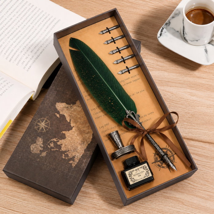 Set cadou Caligrafie Vintage cu Pana verde si Cerneala si Accesorii, 7 piese [1]