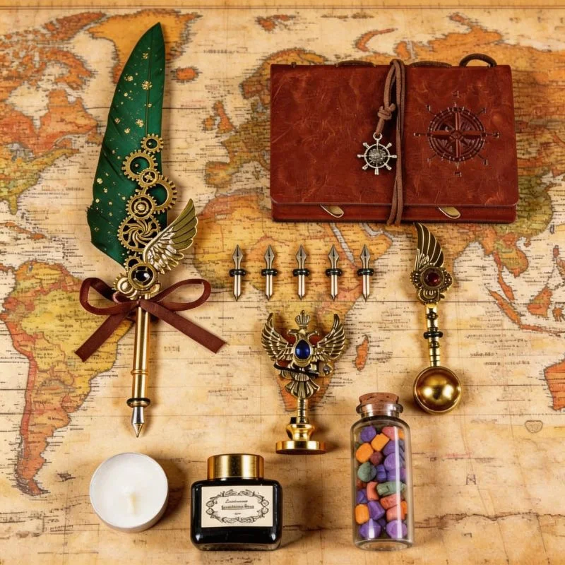 Set cadou Caligrafie Vintage cu Pana verde, Jurnal si Stampila pentru Ceara, Set complet 13 piese [6]