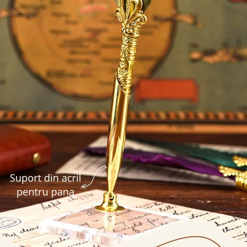 Set cadou Caligrafie Vintage cu Pana verde, Jurnal si Suport pentru stilou, 9 piese [8]