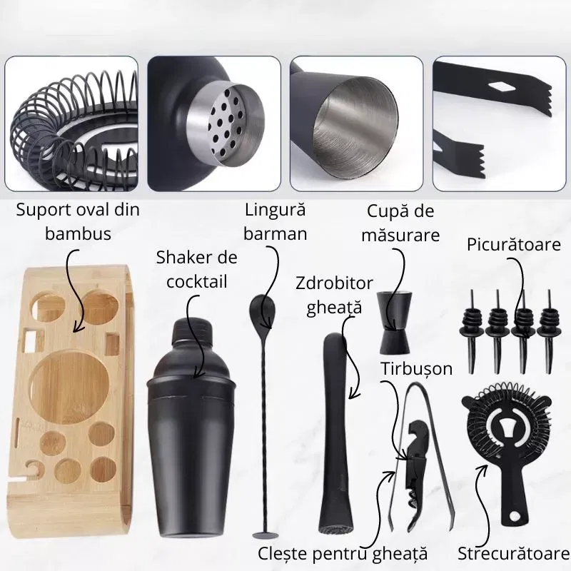 Set cadou Cocktail Shaker Mixology cu 11 accesorii 750ml Negru [3]