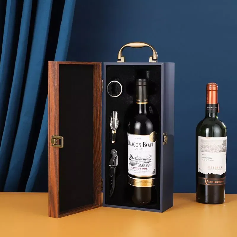 Cutie de vin Wine Bottle Box pentru 1 sticla cu accesorii vin incluse lemn si piele ecologica [1]