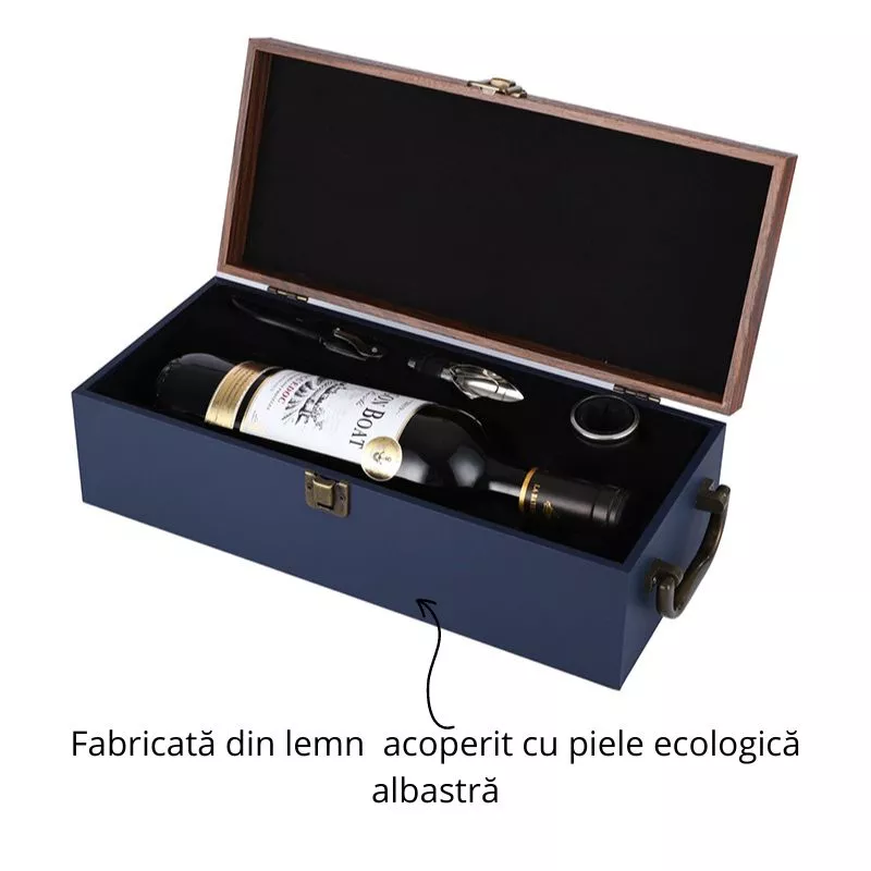 Cutie de vin Wine Bottle Box pentru 1 sticla cu accesorii vin incluse lemn si piele ecologica [4]