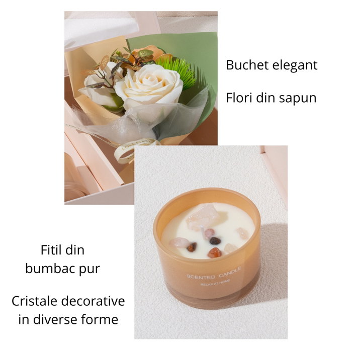 Set cadou femei cu flori din sapun si lumanare, Ivory Rose [8]