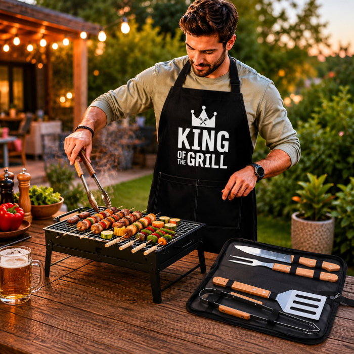 Set Cadou pentru Barbati King of the Grill cu Gratar Portabil Sort si Accesorii BBQ [1]