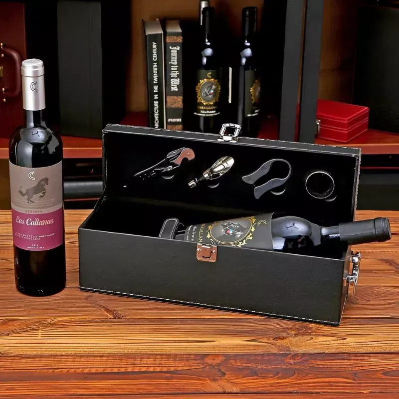 Cutie de vin Vinic pentru 1 sticla cu accesorii de vin incluse piele ecologica neagra eleganta [5]