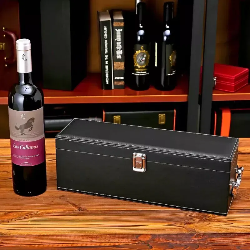 Cutie de vin Vinic pentru 1 sticla cu accesorii de vin incluse piele ecologica neagra eleganta [6]