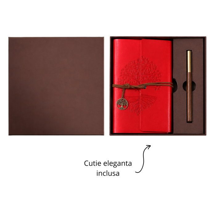 Set Cadou Vintage cu Jurnal si Pix, Copacul Vietii Rosu [14]