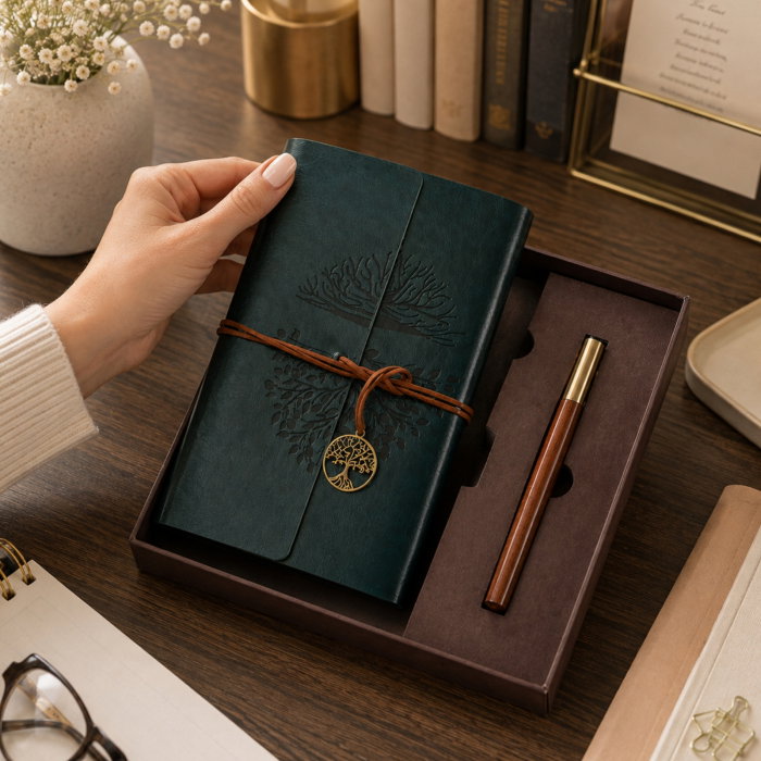 Set Cadou Vintage cu Jurnal si Pix, Copacul Vietii Verde [3]