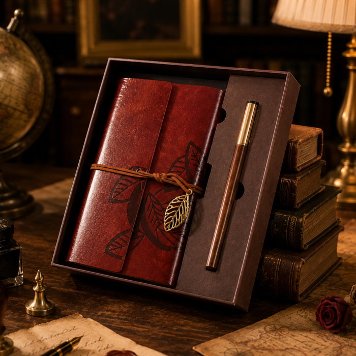 Set Cadou Vintage cu Jurnal si Pix, Maro Rustic [2]