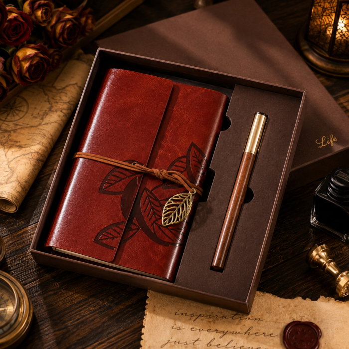 Set Cadou Vintage cu Jurnal si Pix, Maro Rustic [6]