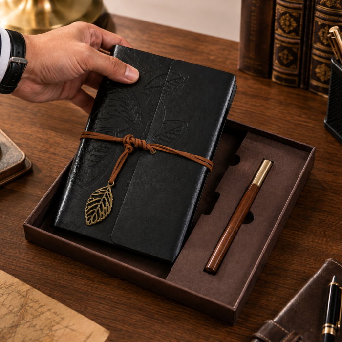 Set Cadou Vintage cu Jurnal si Pix, Negru Clasic [5]