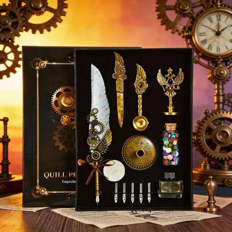 Set Elegant de scris cu Pana alba si Accesorii Vintage [1]