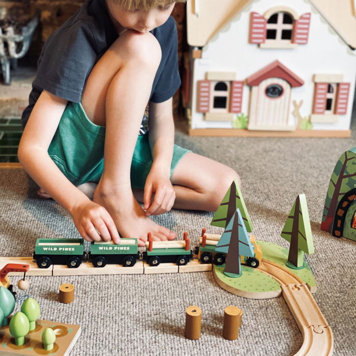 Set jucarii din lemn Circuit Tren lemn prin padure cu brazi [3]