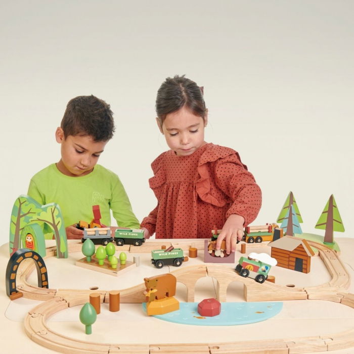 Set jucarii din lemn Circuit Tren lemn prin padure cu brazi [1]