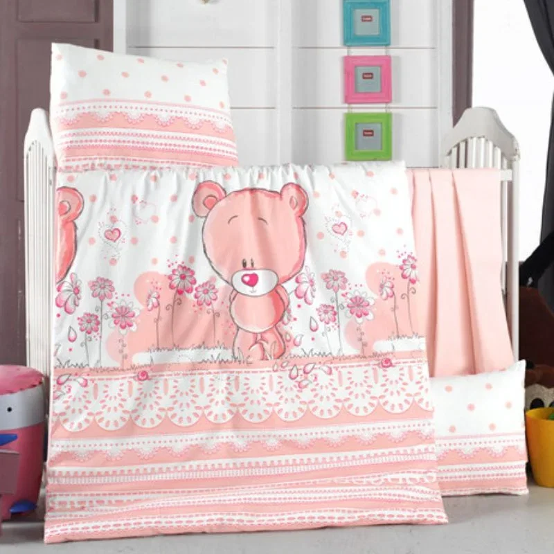 Set lenjerie pat copii Pinky - Roz si alb, bumbac, 100x150 cm [1]