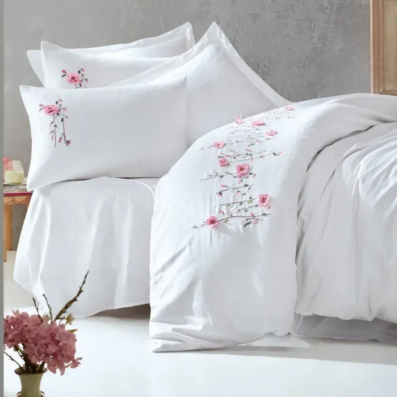 Set lenjerie pat dublu Perla - Alb si roz, bumbac satinat, 200x220 cm [1]