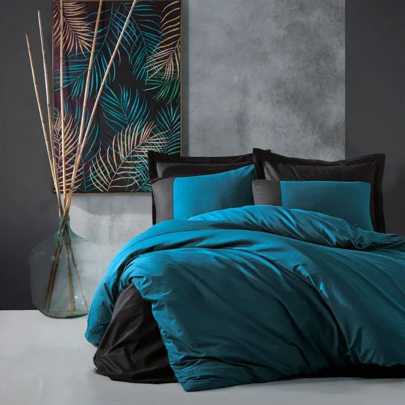 Set lenjerie pat dublu Plain - Albastru petrol, bumbac, 200x220 cm [1]