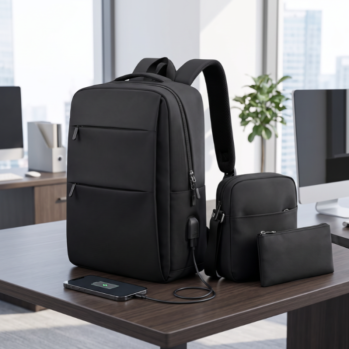 Set Rucsac calatorie si laptop cu USB, Geanta si Portofel Triple Power, Rucsac 41x29x13 cm, Bagaj de mana gratuit WizzAir/Ryanair, Ideal pentru City Break, Business si Scoala, Negru [3]