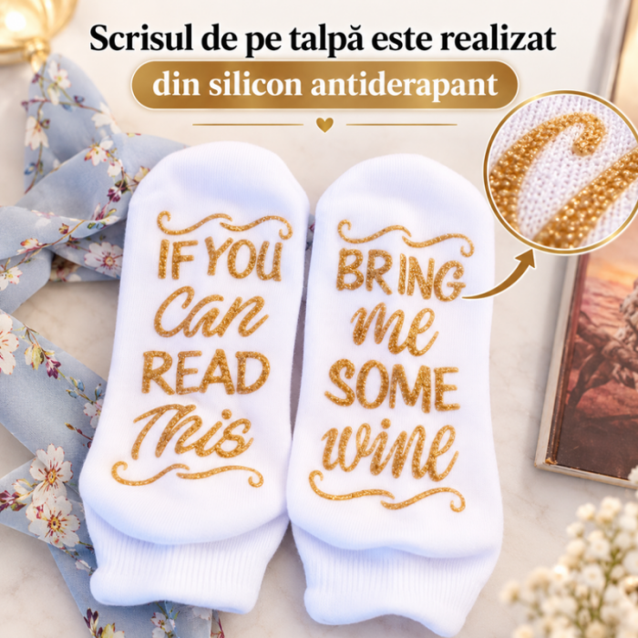 Sosete amuzante Bring Me Wine albe cu mesaj auriu [2]