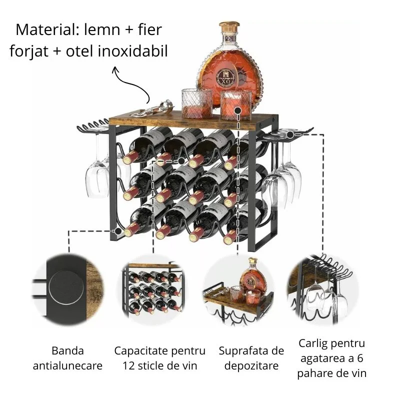 Suport vin pentru 12 sticle si 6 pahare, design vintage [7]