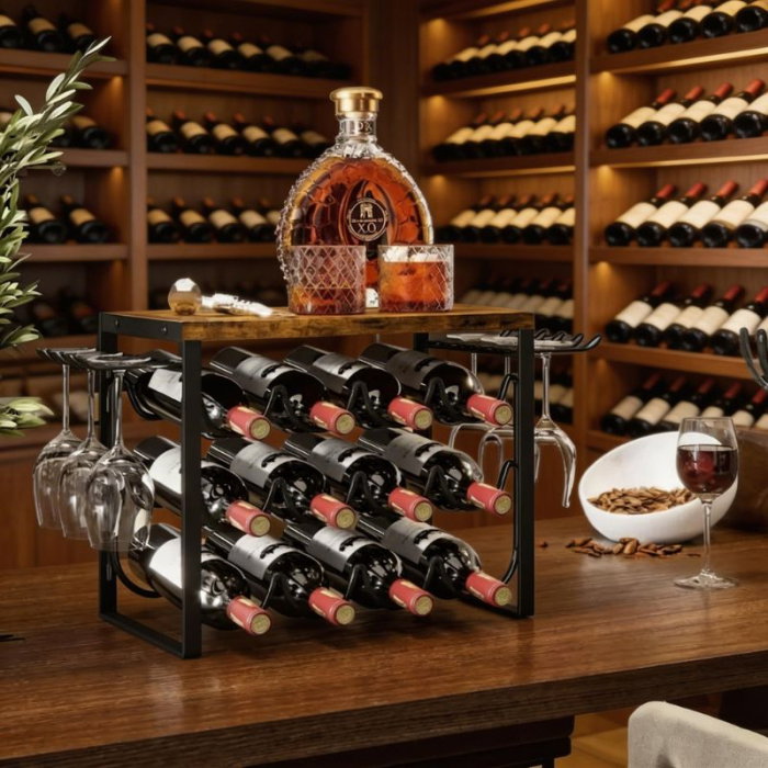 Suport vin pentru 12 sticle si 6 pahare, design vintage [1]