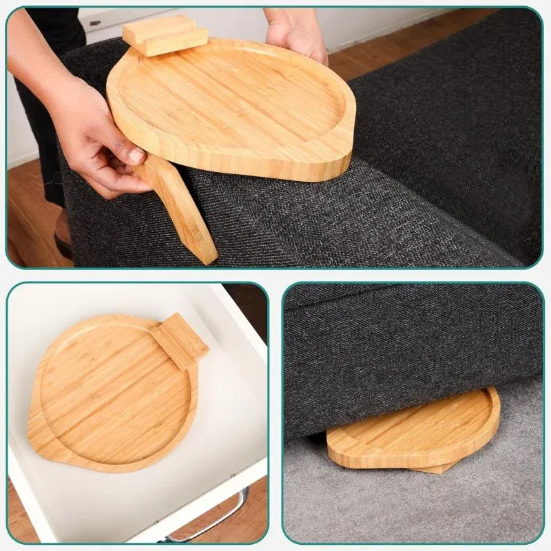 Tava de servire din lemn pentru brat canapea, cu suport telefon [3]