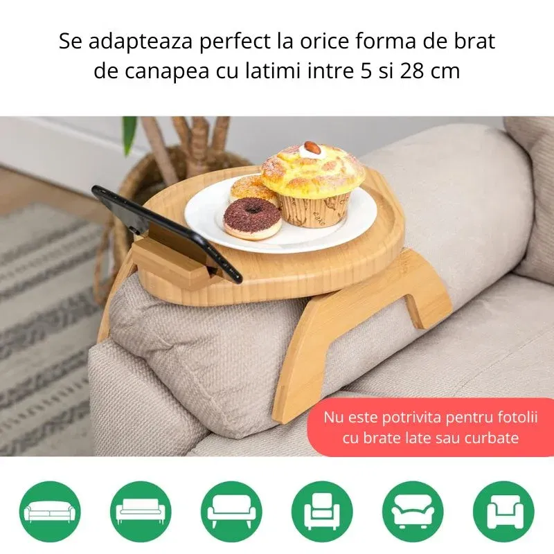 Tava de servire din lemn pentru brat canapea, cu suport telefon [8]