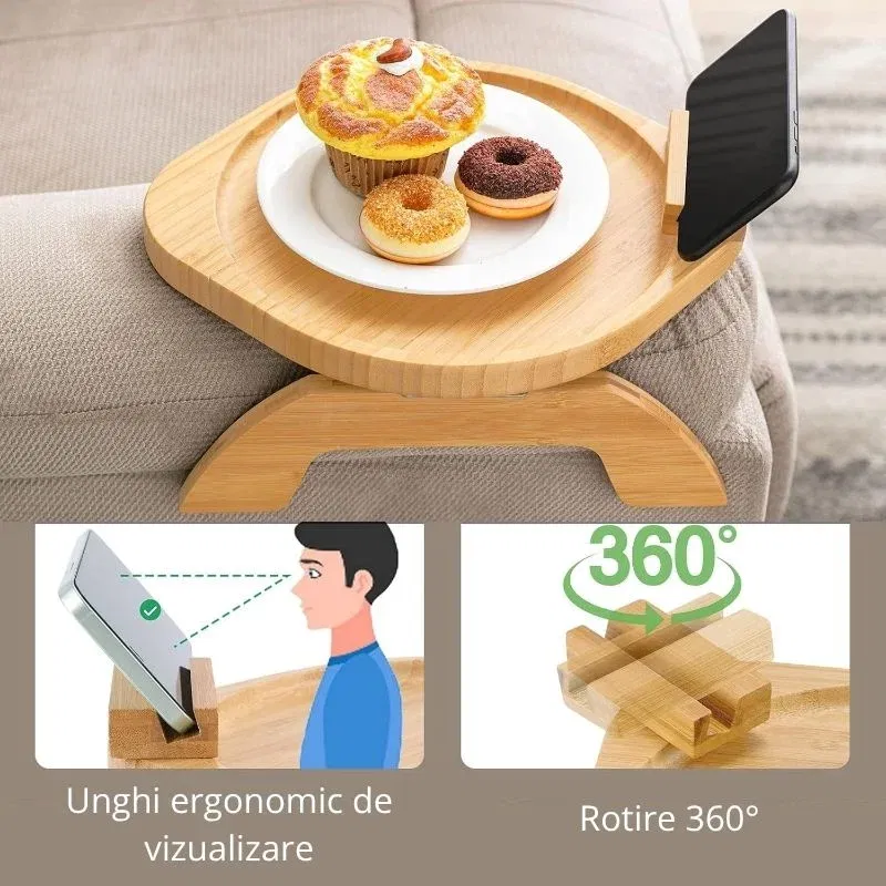 Tava de servire din lemn pentru brat canapea, cu suport telefon [10]