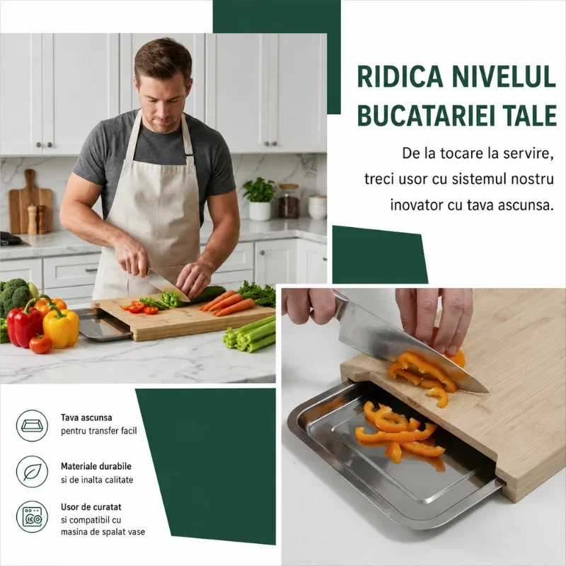 Tocator de bucatarie din bambus cu 2 tavi din otel inoxidabil [7]
