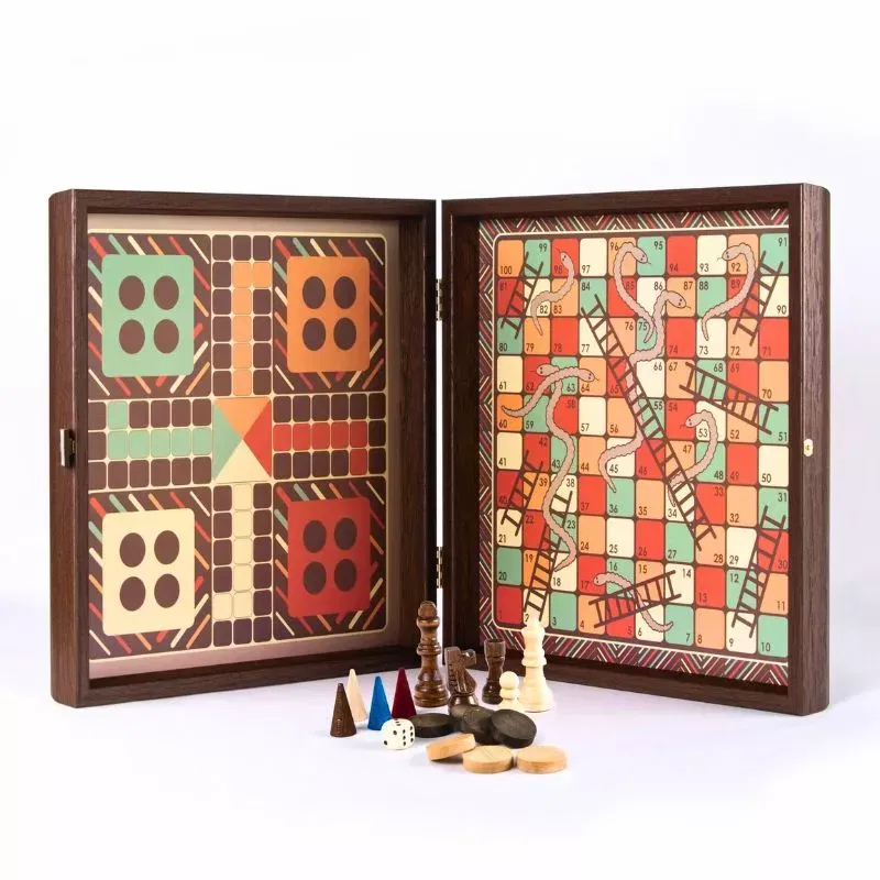 4 in 1 Joc de table joc de sah Ludo si Snakes Caseta 34x34cm Design Retro [1]