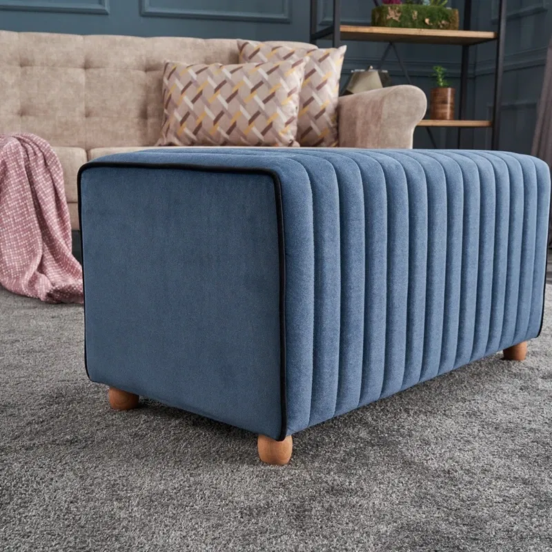 Bancheta Mabel, albastra, catifea, baza din lemn, moderna si eleganta [0]