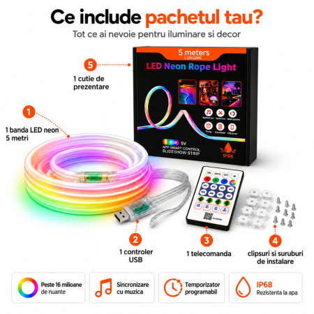 Banda luminoasa LED Neon RGB 5 m, USB, Control prin Aplicatie si Telecomanda [9]