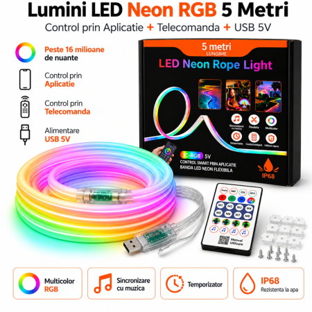 Banda luminoasa LED Neon RGB 5 m, USB, Control prin Aplicatie si Telecomanda [7]