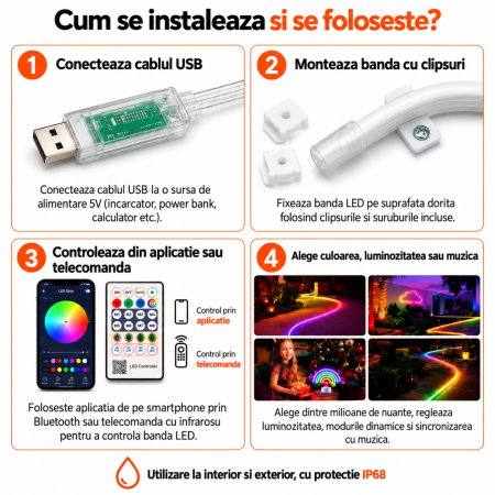 Banda luminoasa LED Neon RGB 5 m, USB, Control prin Aplicatie si Telecomanda [8]