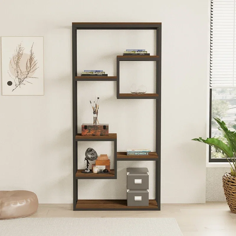 Biblioteca Emina, stil industrial, nuc si negru, cadru metalic, 182 cm [0]