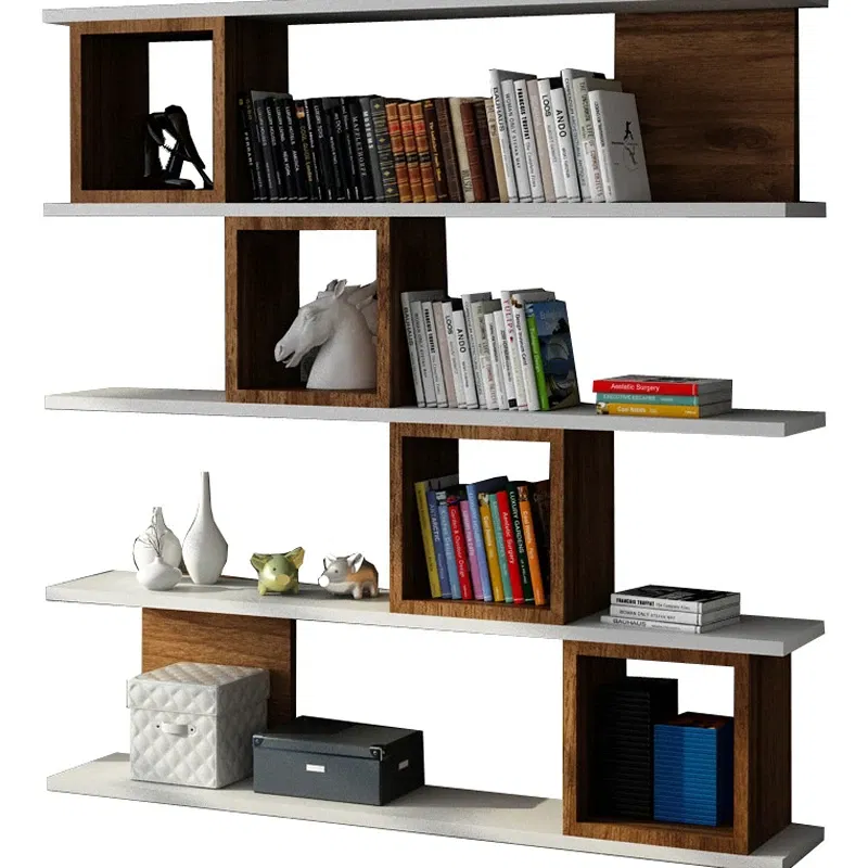 Biblioteca Wind alb, nuc, rafturi multiple, fixare pe perete [2]